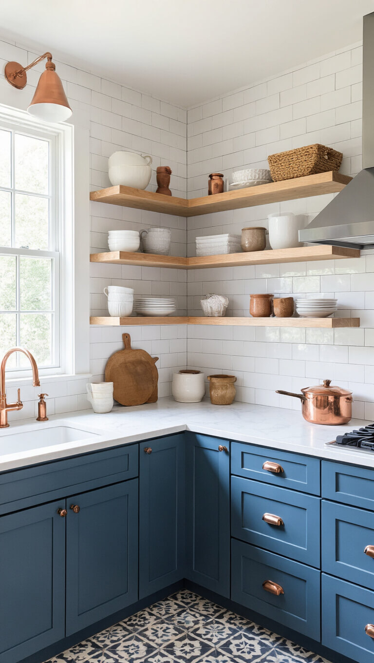 L-shaped kitchen with slate blue lower cabinets, white surfaces, open shelving, ceramic vessels, copper accents, and geometric tile backsplash in midday natural light.