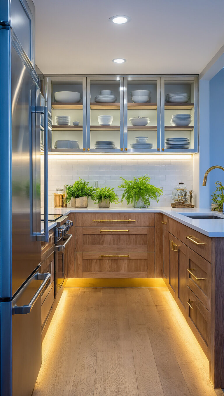 Eye-level view of a narrow galley kitchen with warm wood cabinets, white countertops, glass-front uppers, brass accents, and green plants during blue hour.