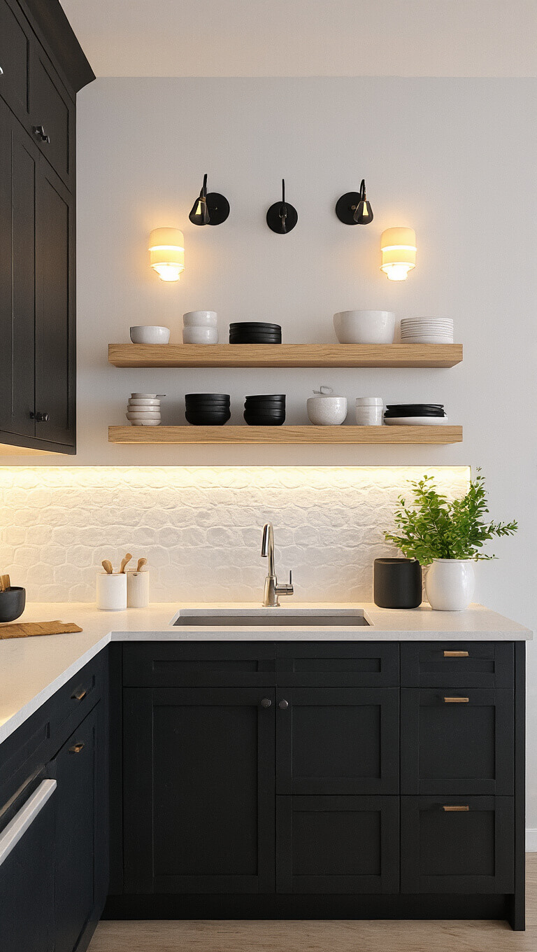 Compact 9x12ft kitchen at dusk with dark charcoal cabinets, light wood accents, floating shelves, ambient sconce lighting, black and white ceramics, and a textured backsplash.