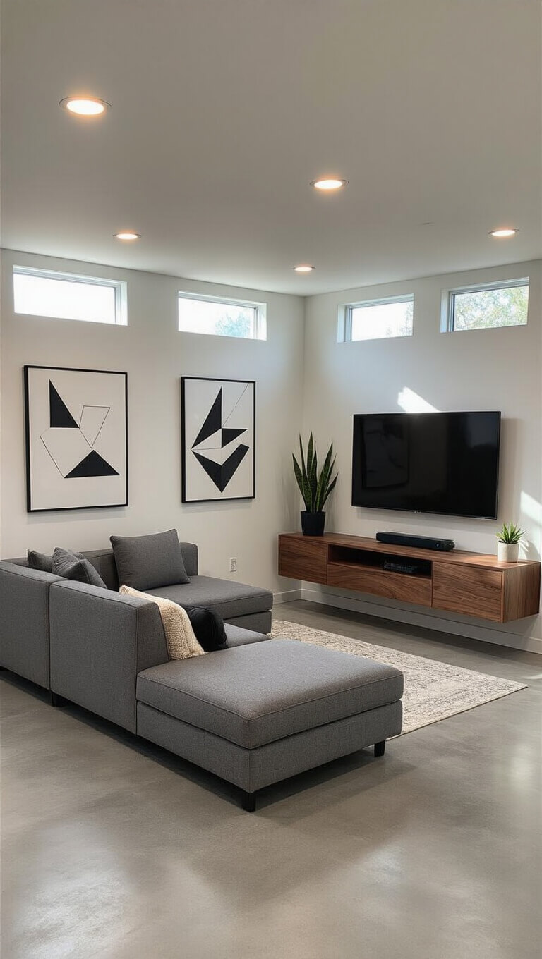 Modern minimalist 400 sq ft basement living area with gray sectional, walnut media console, polished concrete floors, and soft afternoon light from egress windows.