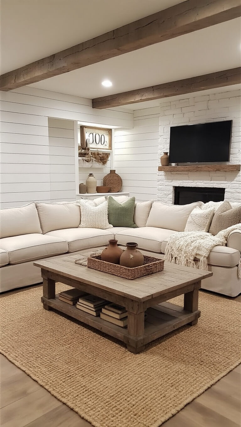 Cozy farmhouse basement family room with shiplap accent wall, whitewashed stone fireplace, oversized linen sectional, vintage decor, and warm neutral tones at dusk.