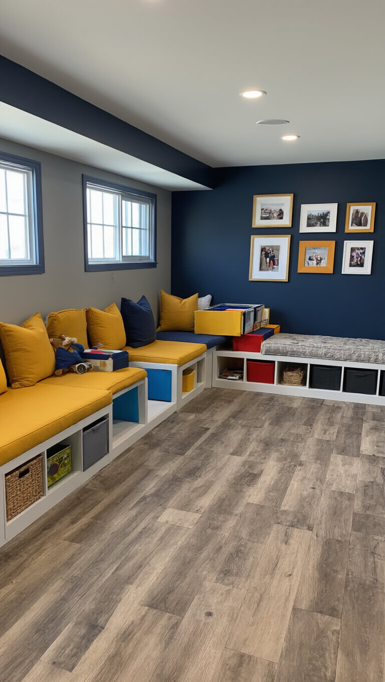 Low-angle view of a spacious family-friendly basement with built-in bench seating, colorful play area, vinyl plank flooring, and a gallery wall of family photos illuminated by morning light.