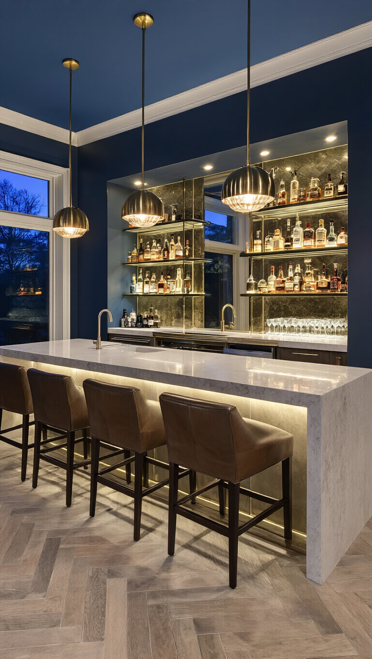 Luxurious contemporary basement bar with floating quartz waterfall countertop, backlit glass shelves, leather barstools, and antiqued mirror backsplash reflecting brass pendant lights over a herringbone tile floor.