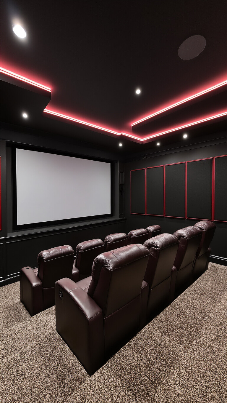 Basement home theater with stadium seating, leather recliners, LED strip lighting, acoustic panels, and large projection screen in dark ambiance.