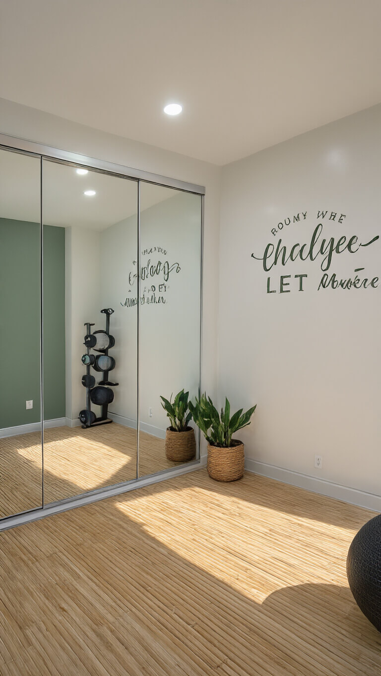 Morning-lit basement yoga space with full wall mirror, bamboo flooring, equipment storage, minimal decor, potted plants, and inspirational art in light oak, white, and sage tones.
