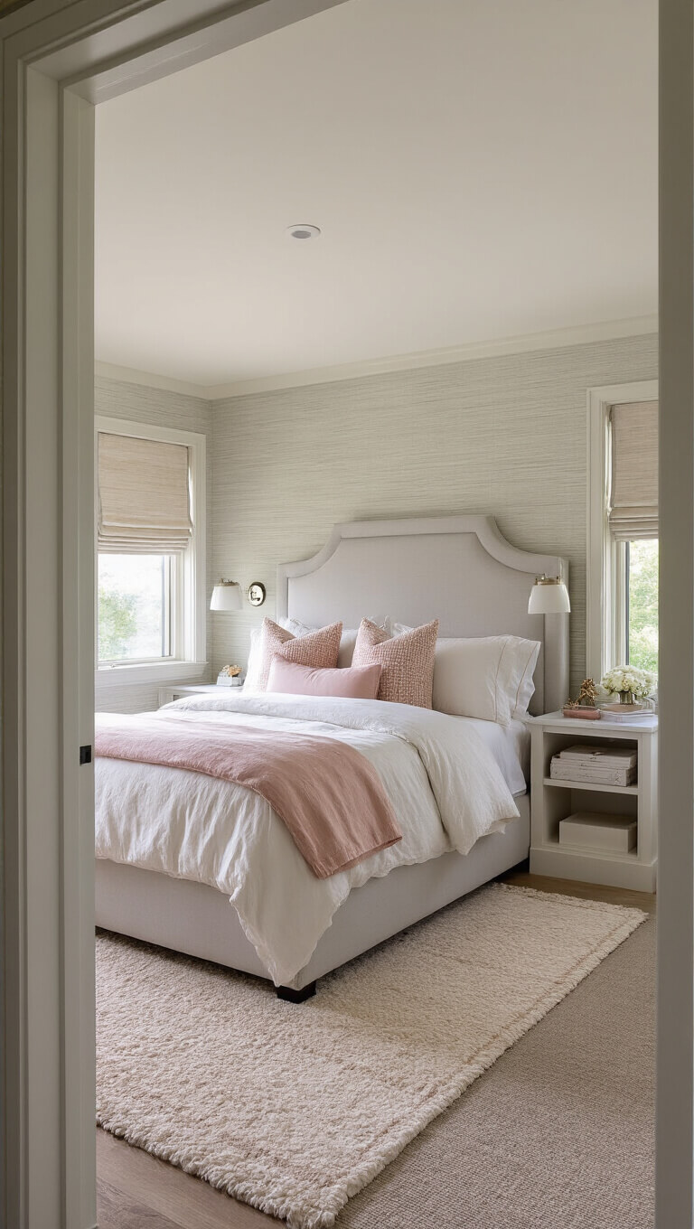 Basement guest suite at sunrise with queen bed, upholstered headboard, layered bedding, reading nooks, grasscloth wallpaper, roman shades, and plush rug in soft gray, blush pink, and cream tones.
