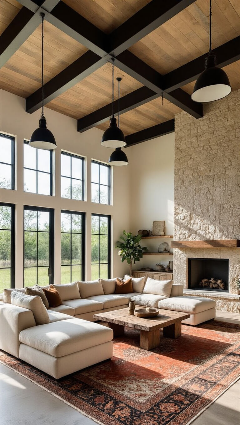 Sunlit barndominium great room with 20' ceilings, exposed metal beams, large windows, cream sectional, reclaimed wood coffee table, vintage rugs, stone fireplace, and industrial pendant lights.