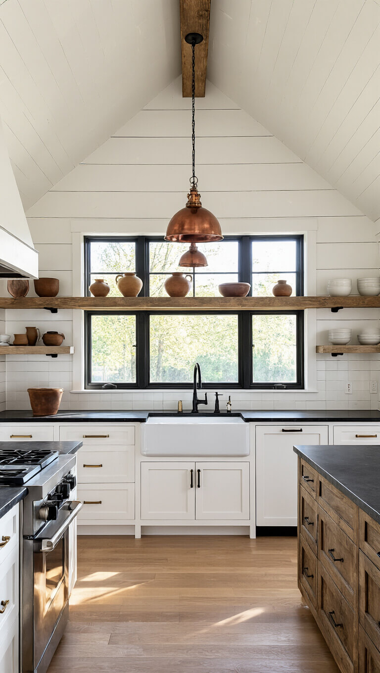 Modern farmhouse kitchen with vaulted ceiling, black granite island, white shaker cabinets, brass hardware, aged copper pendant lights, barn wood shelves with pottery, farm sink under window, and warm oak flooring at golden hour.