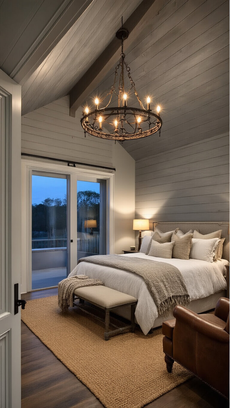 Master bedroom suite with king bed on gray shiplap wall, iron chandelier, layered linens, barn doors, leather chair, and moody dusk lighting.