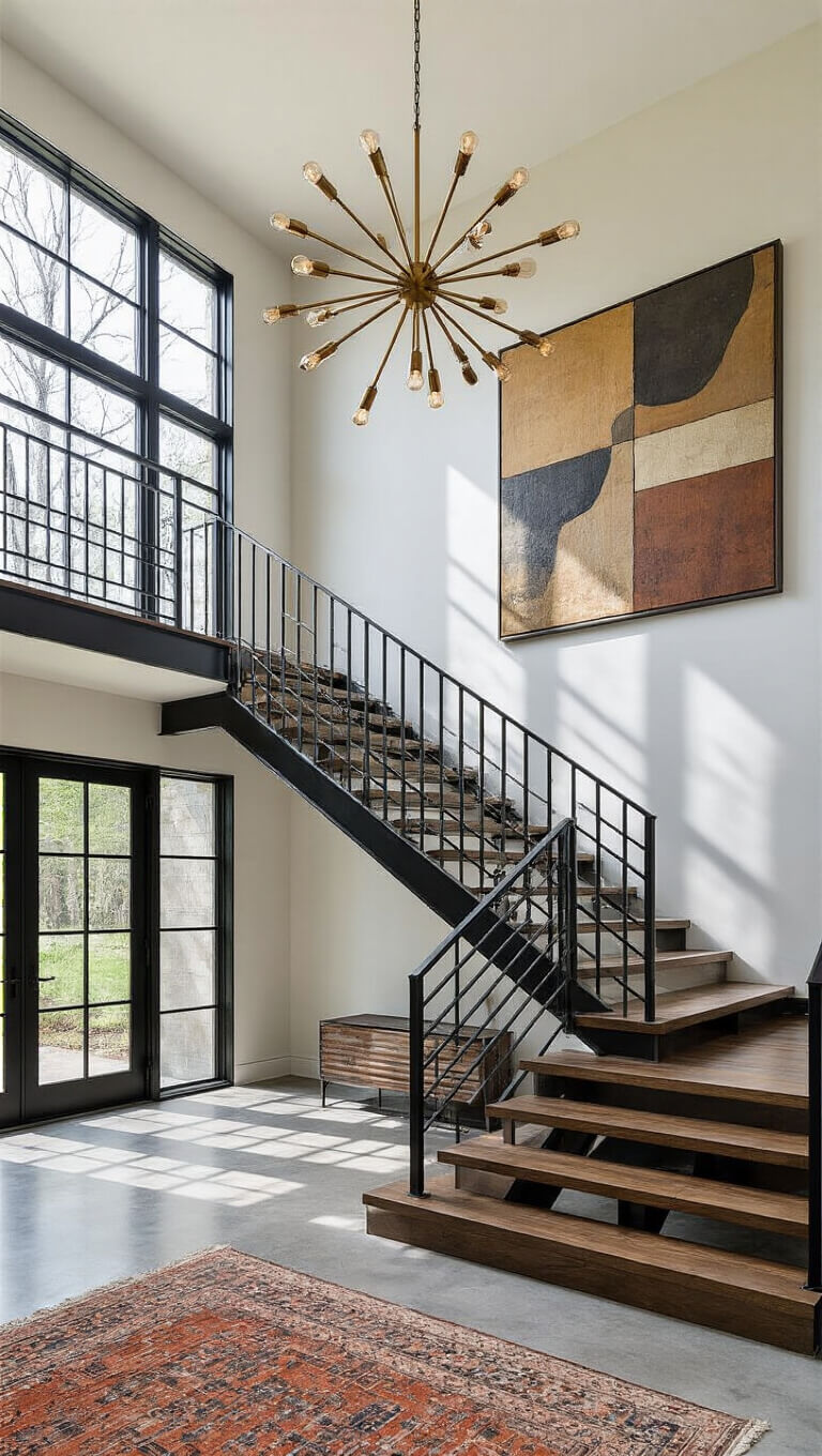 Double-height entryway with steel and glass door, black metal staircase, polished concrete floors, and abstract artwork, viewed from second-floor landing.