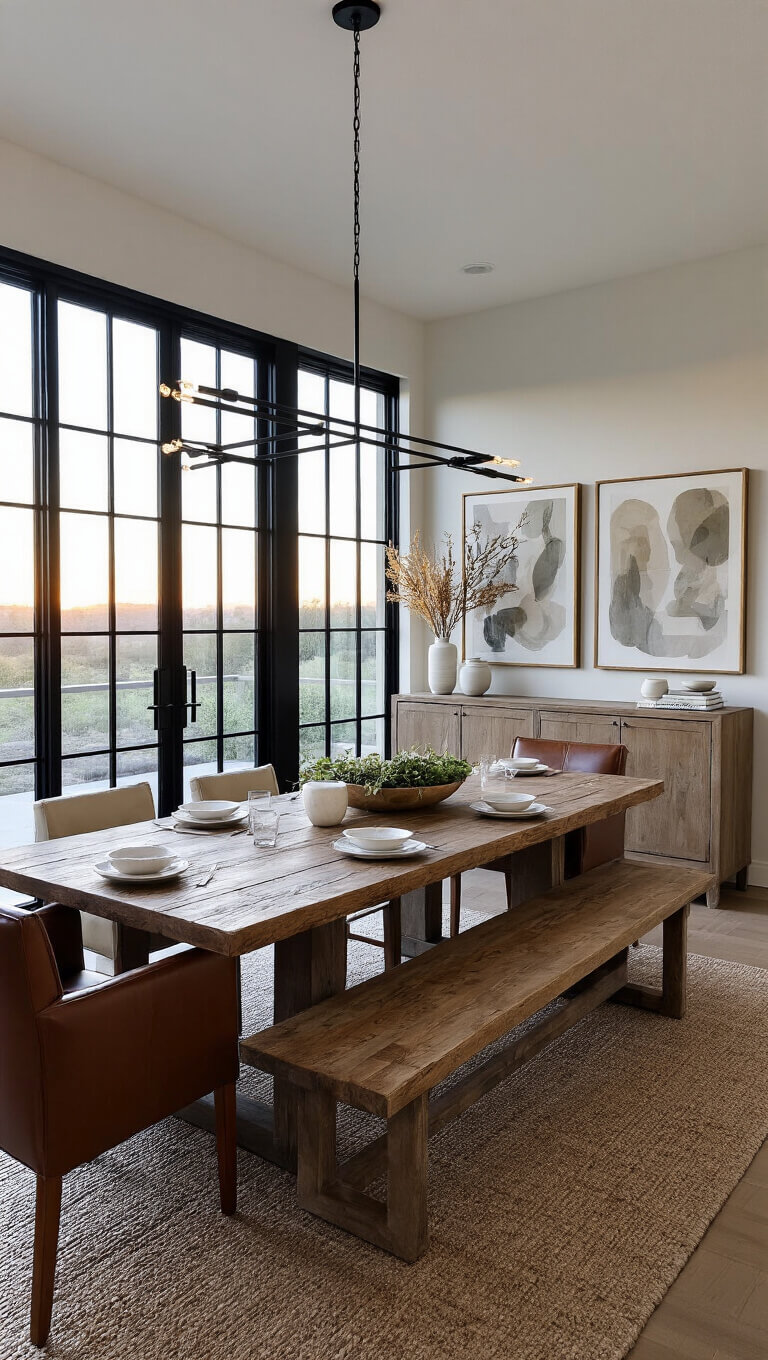 Dining room at twilight with long reclaimed wood table for 12, mix of leather and linen chairs, black metal windows, modern blackened steel chandelier, cerused oak buffet, abstract art, and minimalist decor.