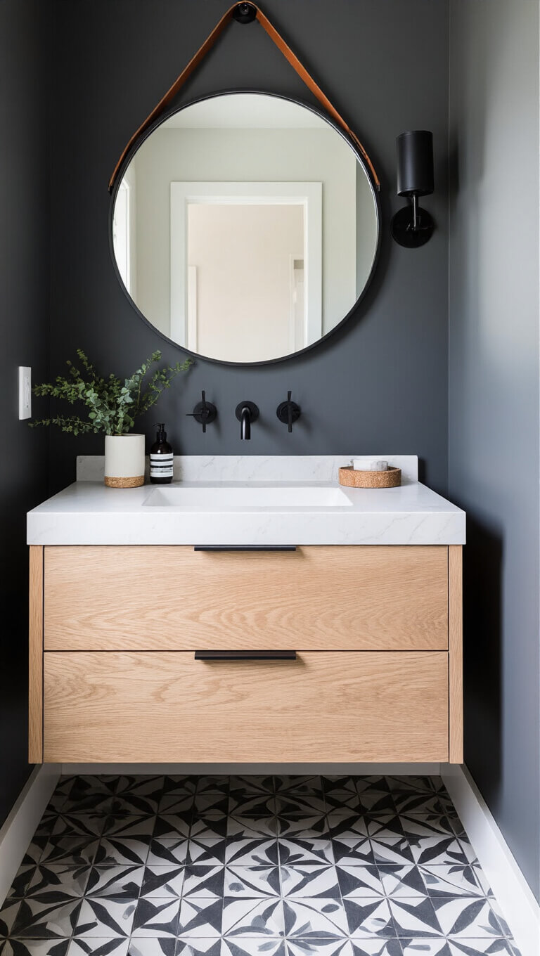 Moody powder room with charcoal walls, white oak floating vanity, round mirror with leather strap, matte black fixtures, and geometric tile floor.