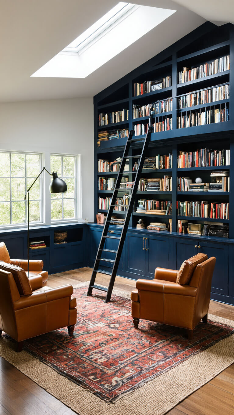 Overhead view of a cozy loft library with navy floor-to-ceiling bookshelves, black steel rolling ladder, cognac leather club chairs, vintage kilim over sisal rug, and morning light from skylight.