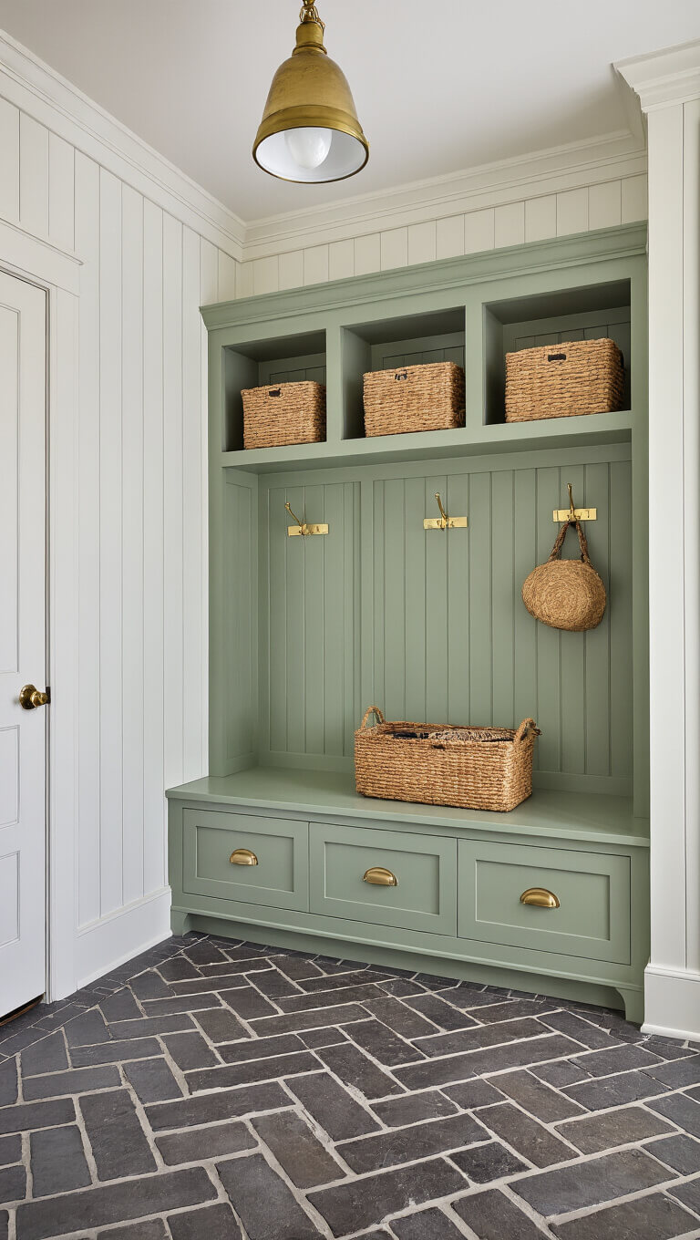 Mudroom with white board and batten walls, sage green storage lockers, brass hooks, built-in bench with drawers, slate herringbone tile floor, and vintage brass light fixture.