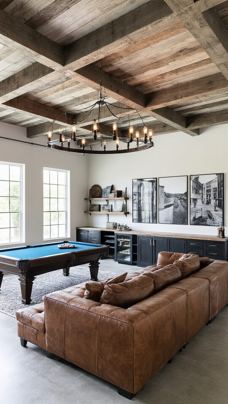 Game room with exposed ceiling trusses, centered pool table under industrial chandelier, concrete floors, vintage leather sectional, black steel and reclaimed wood bar, and gallery wall of black and white photos.