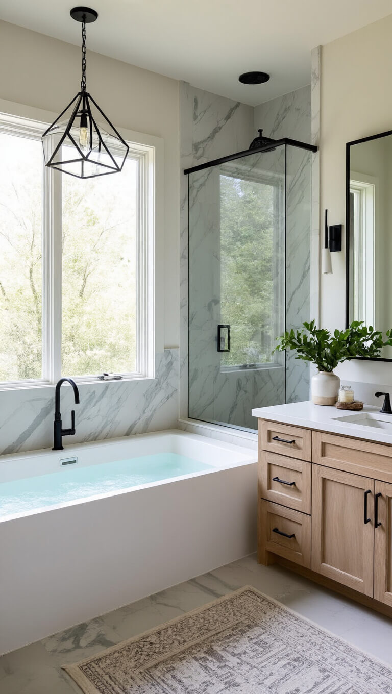Spa-like primary bathroom with freestanding tub under window, black tub filler, marble-tiled shower with black framed glass, double bleached oak vanity, and geometric pendant lights in morning light.