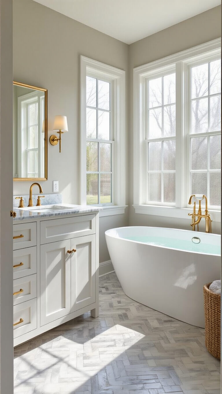 Transitional 12x14ft bathroom with white Shaker double vanity, brushed gold fixtures, marble herringbone floor, and freestanding soaking tub lit by natural light through frosted windows.