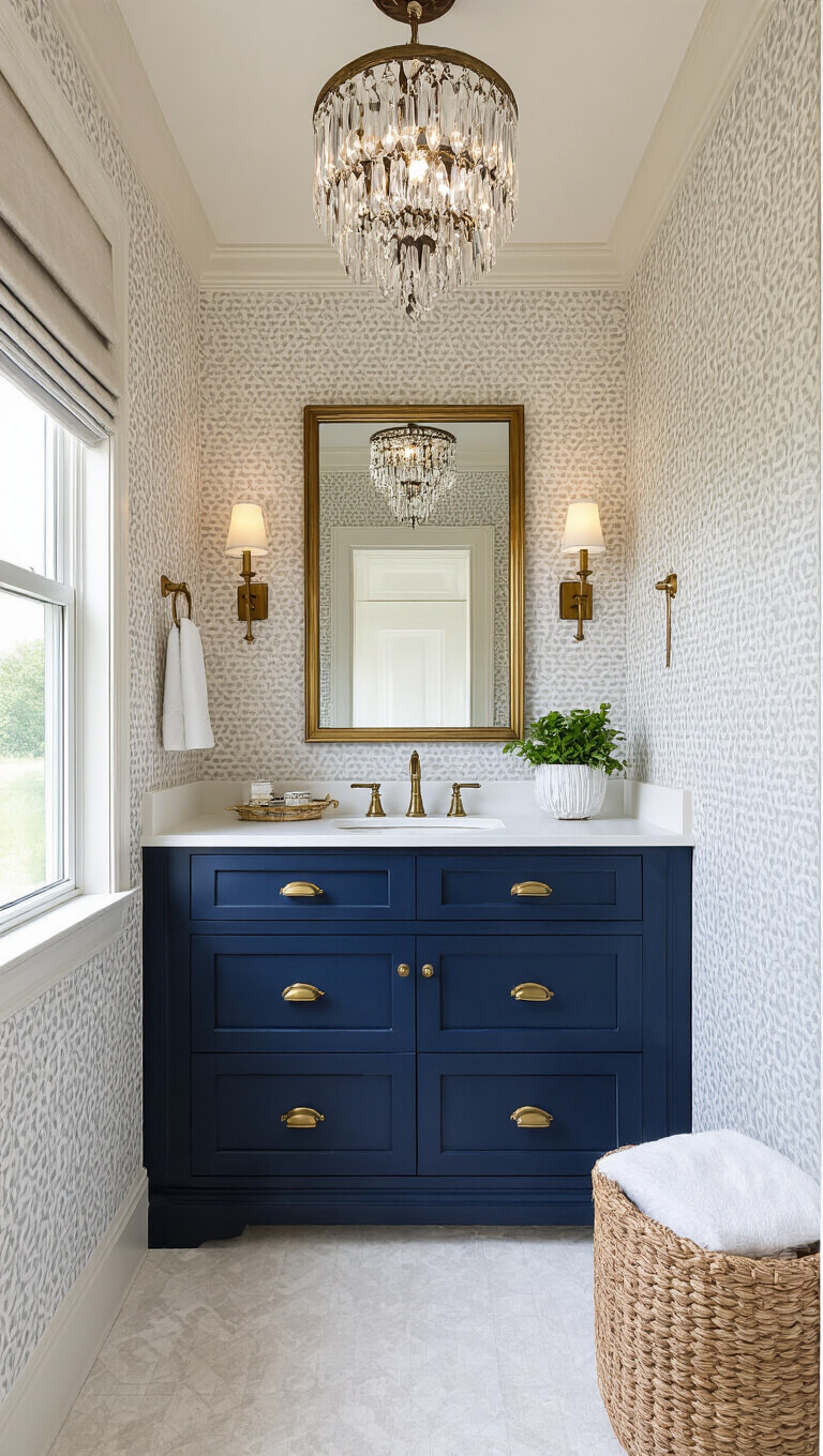 Elegant powder room with navy vanity, crystal chandelier, brass accents, and geometric wallpaper in warm afternoon light.