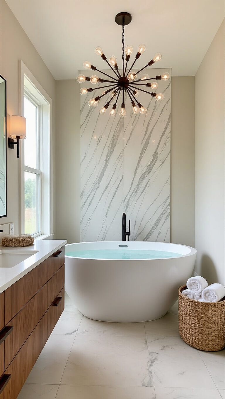 Luxurious 10x12ft spa-like bathroom with centered freestanding egg tub under sputnik chandelier, warm white walls, marble accent, walnut vanity with quartz countertop, and woven basket with towels.