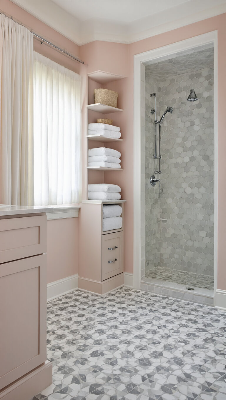 Low-angle view of a 9x11ft bathroom with gray and white geometric floor tiles, blush pink walls, chrome fixtures, built-in linen cabinet with glass doors, and marble hexagon shower tiles, softly lit by daylight through sheer curtains.