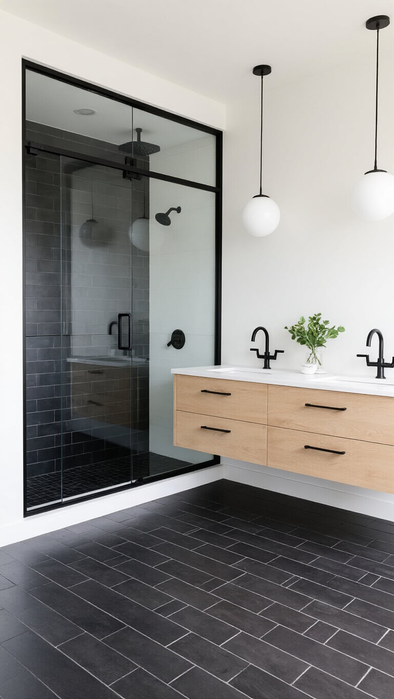 Minimalist transitional bathroom with black steel-framed shower, white walls, dark wood-look tile floor, and floating bleached oak double vanity.