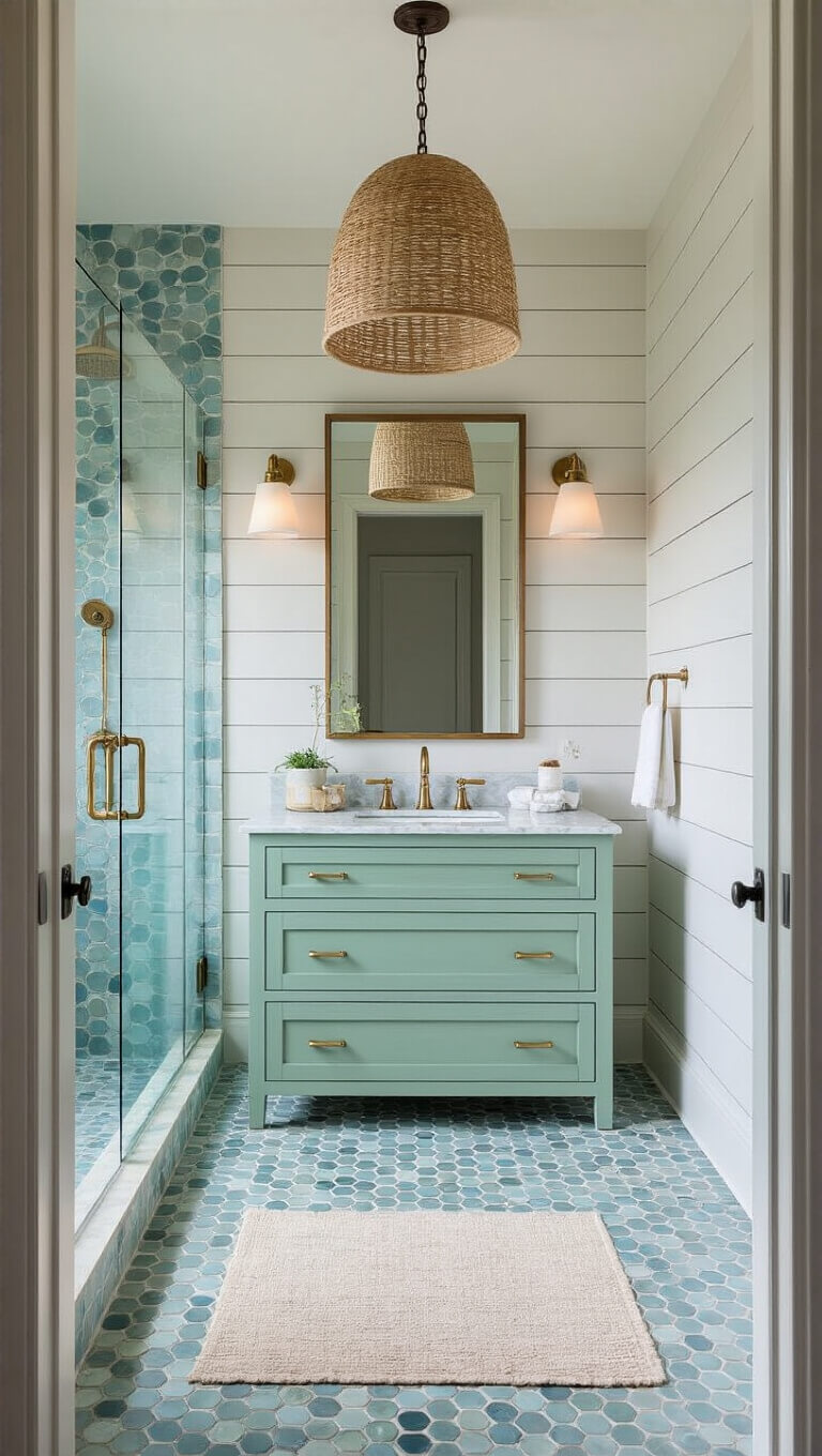Coastal transitional bathroom with seafoam green vanity, shiplap gray wall, iridescent blue-green penny tile shower, and woven pendant light, viewed from doorway in natural light.