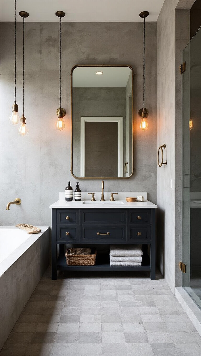 Urban 8x12 ft bathroom with concrete-look tiles, charcoal vanity, brass fixtures, vintage mirror, and moody Edison bulb lighting.