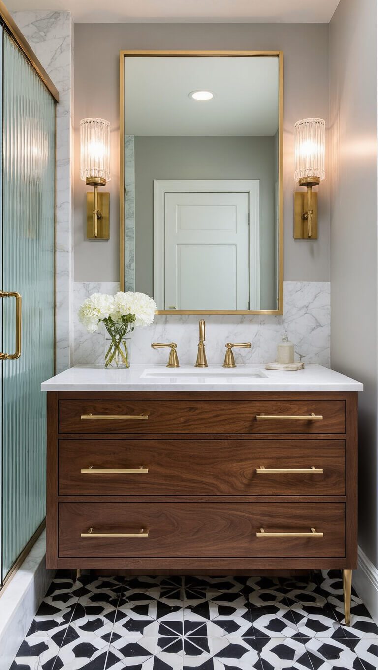 Art Deco bathroom with black and white geometric floor tiles, walnut waterfall vanity, champagne bronze hardware, fluted glass shower, crystal sconces, and round mirror.
