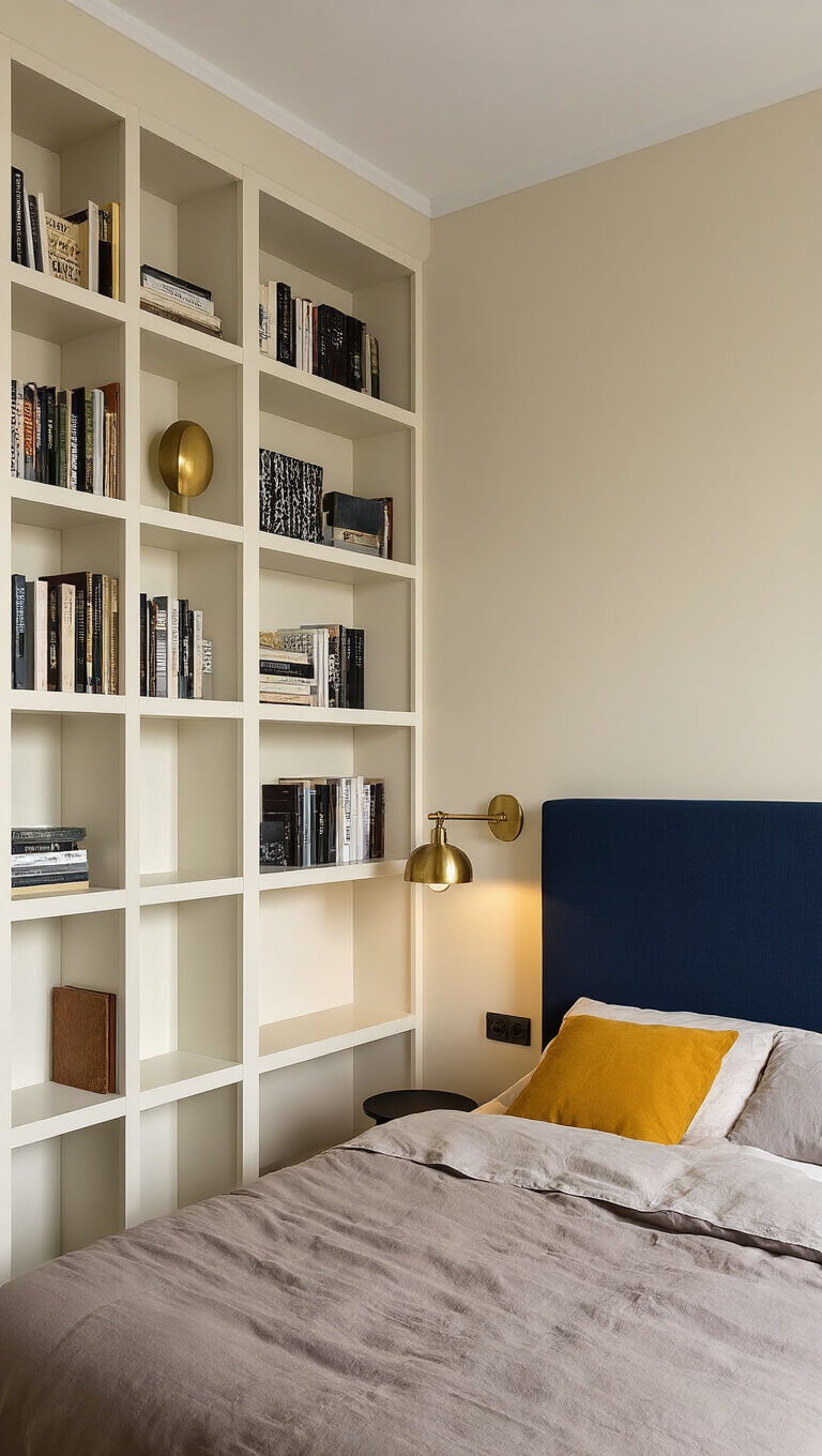 Cozy dorm-sized bedroom at golden hour with cream-colored floor-to-ceiling bookcase, navy upholstered twin bed, brass sconces, and mustard yellow accent pillows.