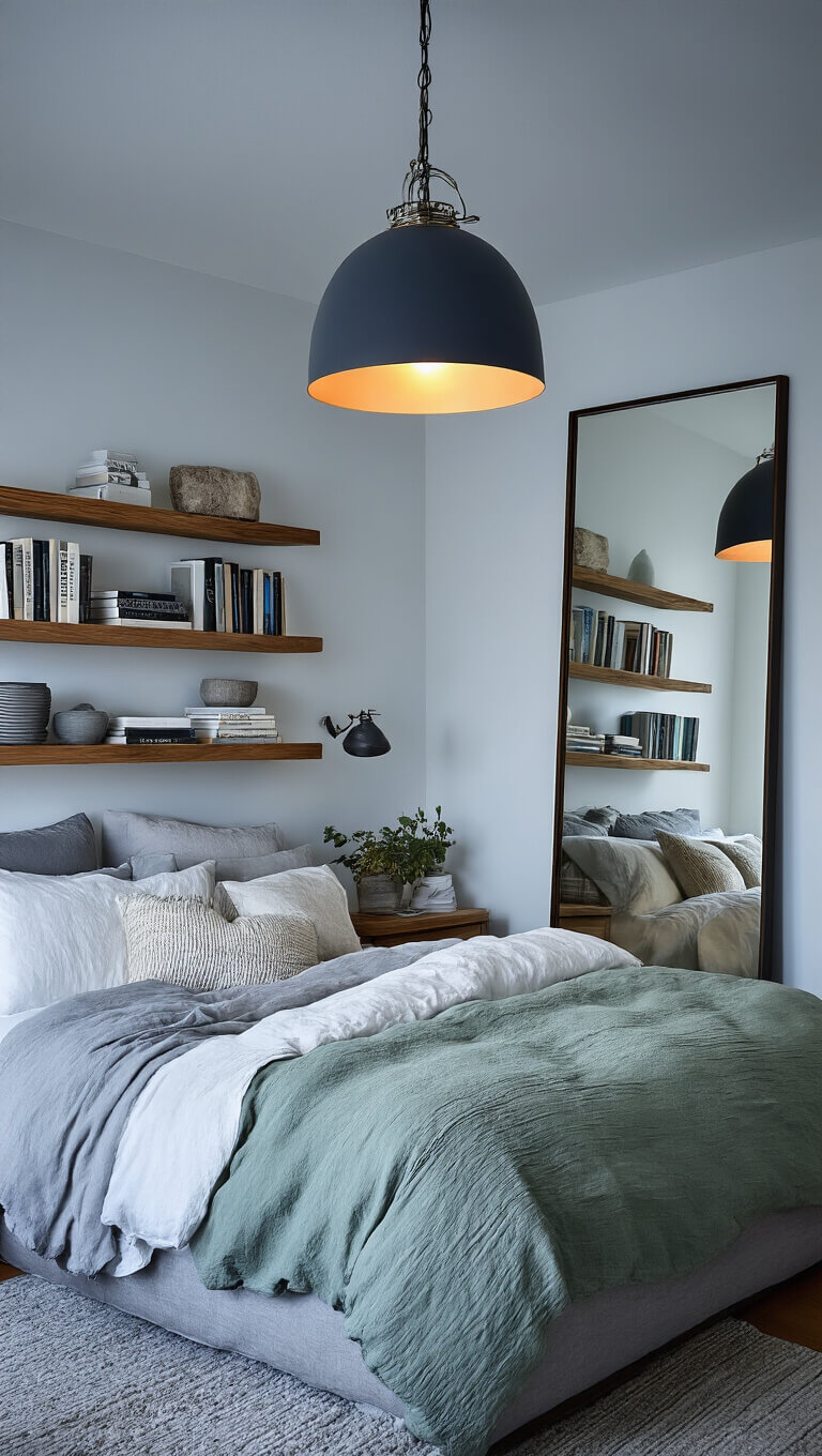 Cozy studio bedroom nook with warm pendant light over layered queen bed, floating shelves with art books and ceramics, and large mirror enhancing space.