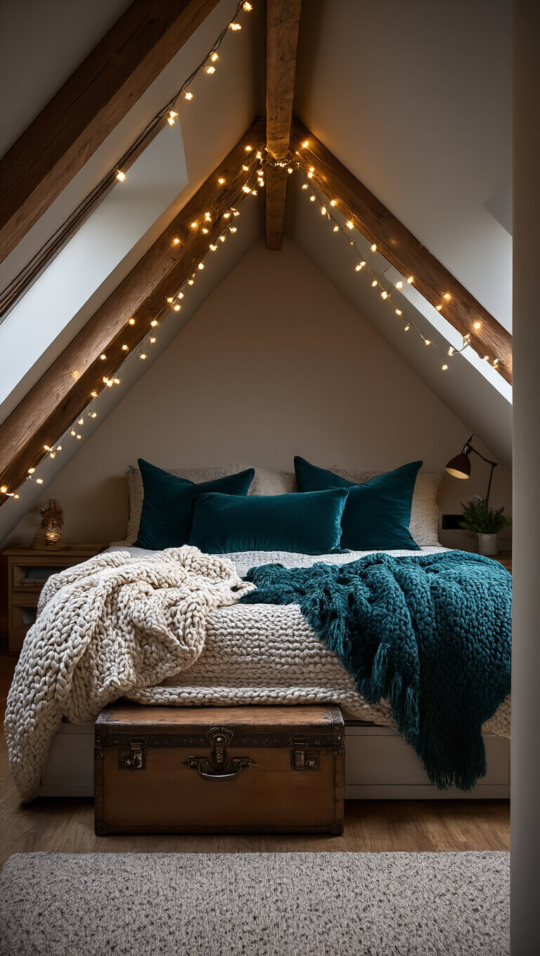 Cozy attic bedroom at dusk with slanted ceilings, string lights on exposed beams, platform bed with chunky throws and teal velvet pillows, and vintage trunk nightstand.