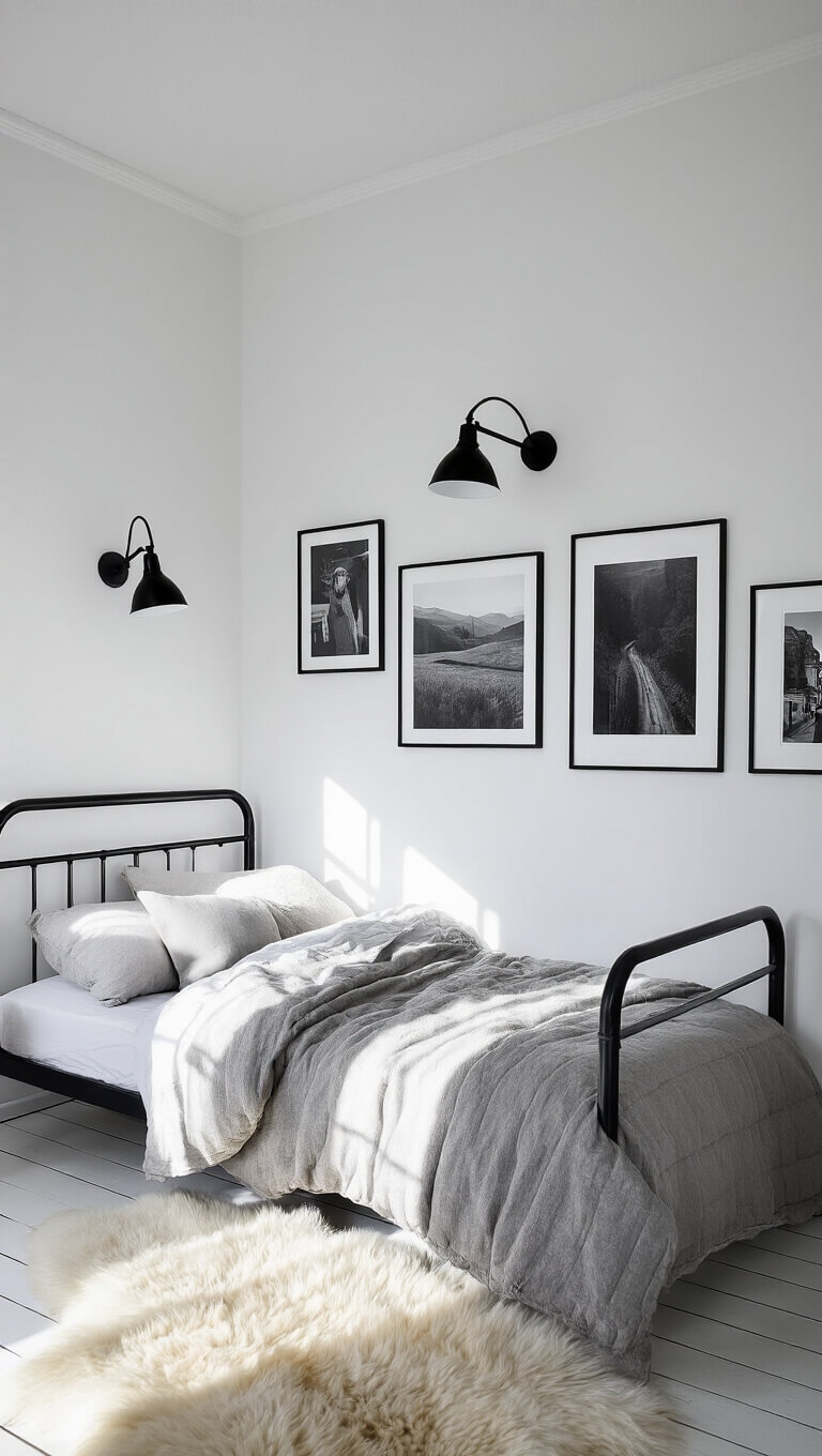 Minimalist tiny bedroom with black metal bed, white walls, gallery of black-and-white photos, and afternoon sunlight streaming in.