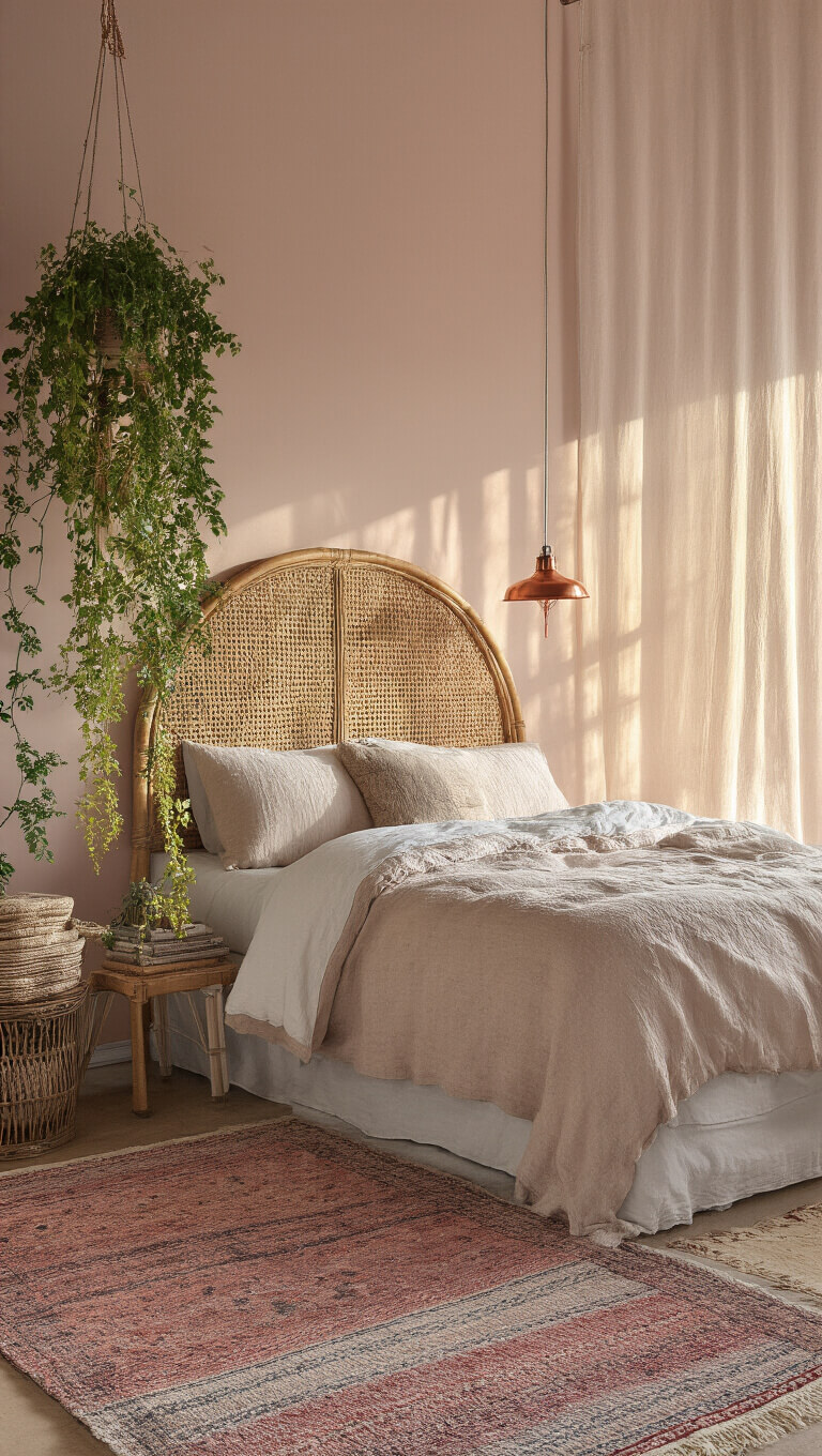 Bohemian-style micro bedroom at sunrise with rattan headboard, blush pink wall, layered vintage rugs, hanging plants, and copper reading lamp.