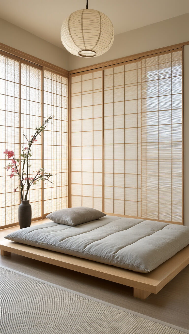Modern Japanese-style bedroom with low futon on platform, shoji screen, bamboo blinds filtering morning light, ikebana arrangement, and paper lantern, viewed from floor level.
