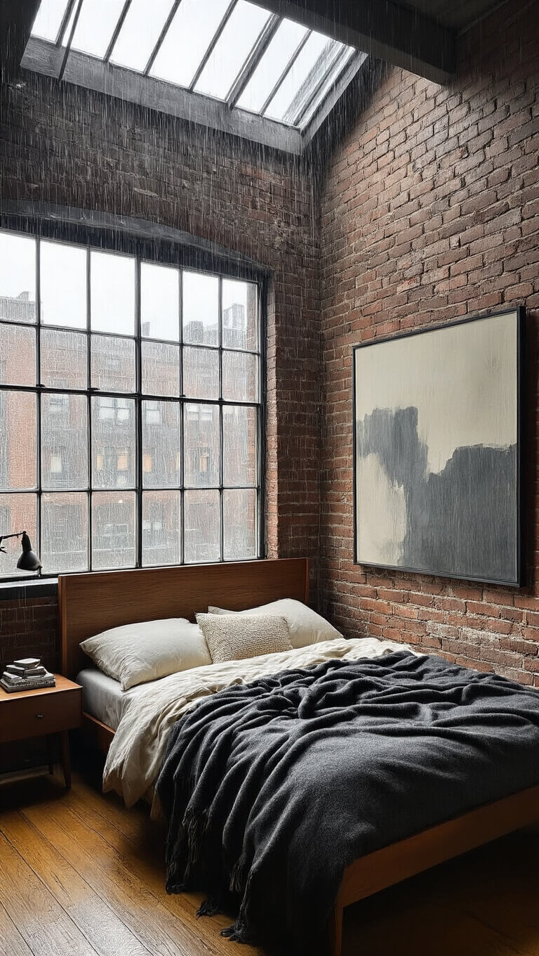 Cozy urban bedroom corner with mid-century bed, wool blankets, exposed brick wall, and moody rain-lit industrial window.