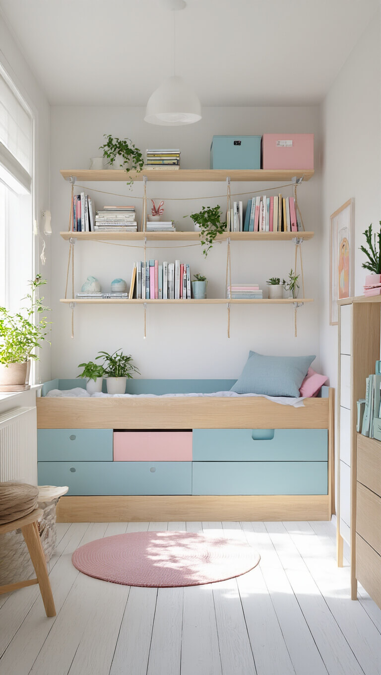 Scandinavian teen bedroom with white floorboards, pale wood furniture, pastel blue and pink accents, and string pocket shelves holding books and plants.
