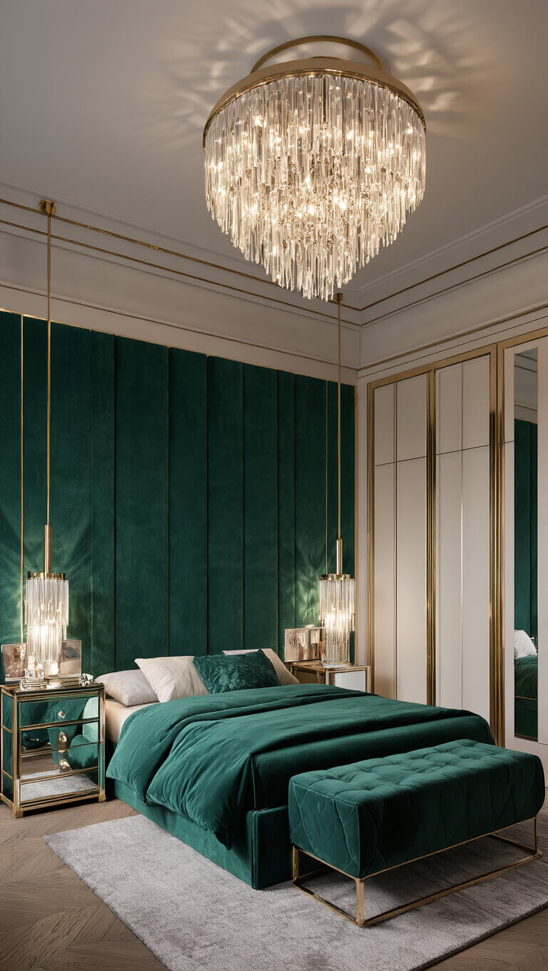 Twilight-lit luxe micro-bedroom with emerald velvet wall panels, brass accents, crystal chandelier casting shadows, and mirrored furniture enhancing space.