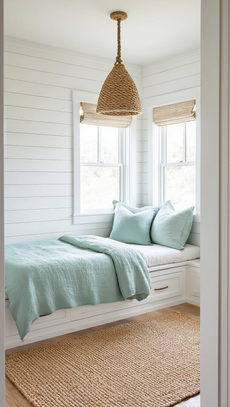 Coastal tiny bedroom with white shiplap walls, rope light, natural rug, and sea glass linen bedding, viewed through doorway.