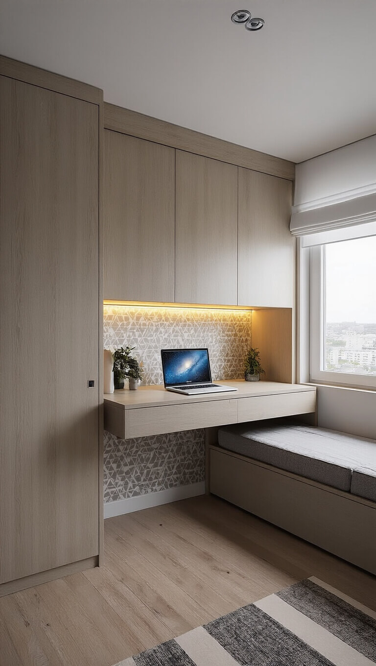 High-angle view of a modern micro bedroom office with concealed Murphy bed, floating desk, geometric wallpaper, and LED strip lighting.
