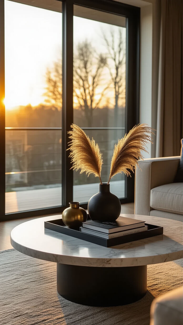 Modern living room with marble coffee table styled with art books, vase of pampas grass, and brass object, bathed in warm late afternoon sunlight through large windows.