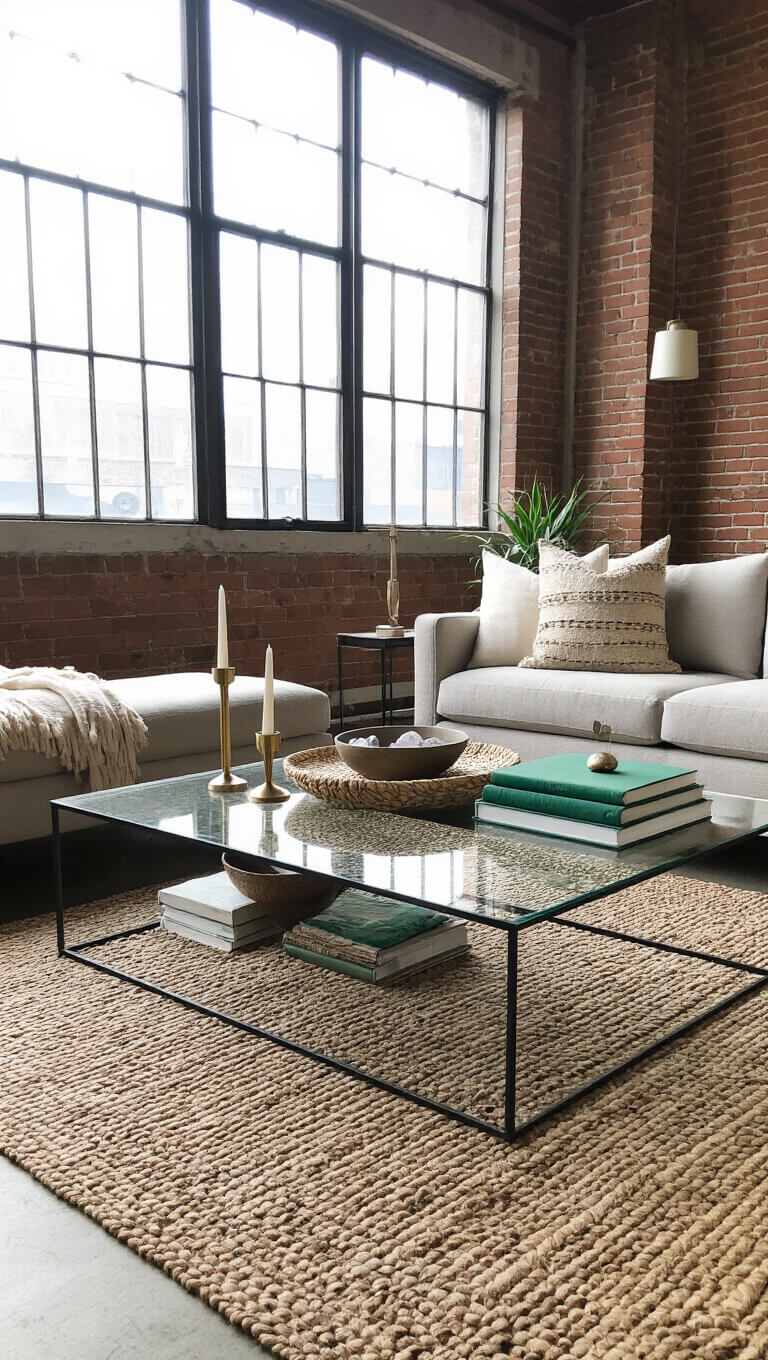 Cozy urban loft with exposed brick walls, high ceilings, and industrial windows; glass coffee table styled with green books, ceramic bowl of crystals, and brass candlesticks.