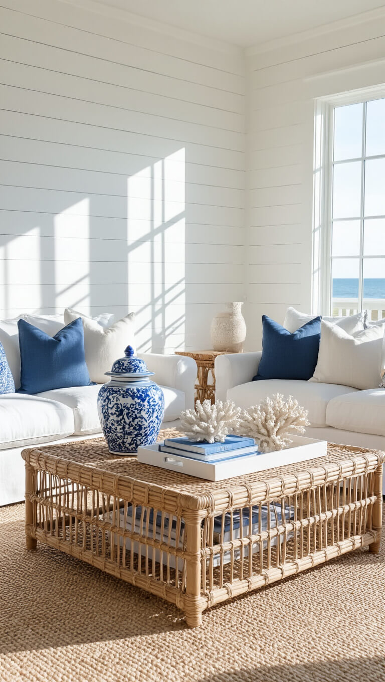 Coastal great room with shiplap walls, rattan coffee table styled with blue and white decor, and soft mid-morning light creating airy shadows.