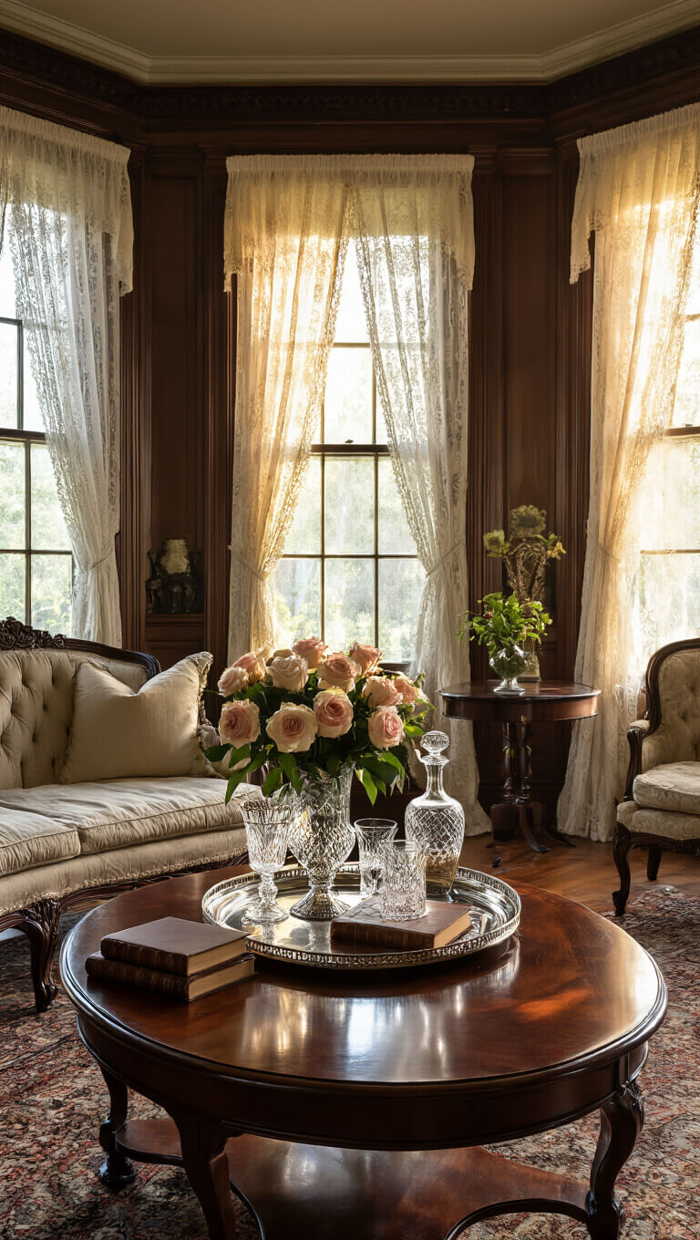 Moody Victorian parlor with crown molding and 12ft ceilings, golden hour light filtering through lace curtains, highlighting a mahogany oval coffee table with vintage silver tray, leather-bound books, crystal decanter set, and roses in a mercury glass vase.