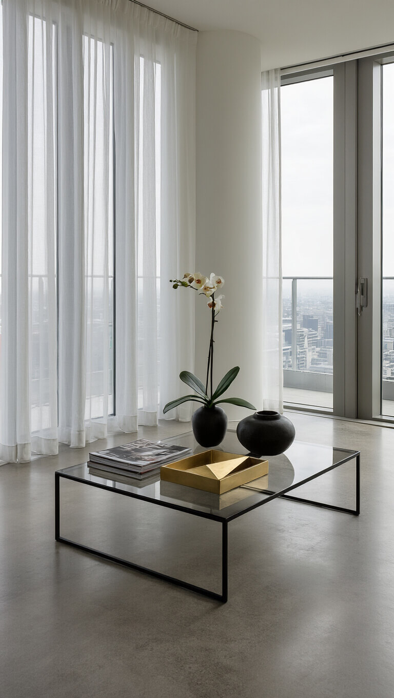 Contemporary penthouse living room with polished concrete floors, sheer drapes filtering afternoon light, smoked glass coffee table styled with brass tray, magazines, black vessel, and orchid, set against a city backdrop.