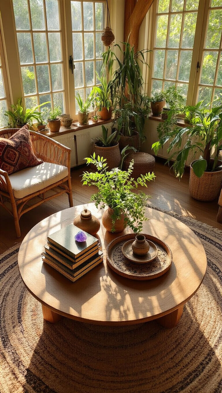 Bohemian sunroom with cathedral ceilings and exposed beams, mid-morning light casting dappled shadows over a round wood coffee table adorned with a Moroccan tray, travel books, crystals, incense holder, and trailing plants, viewed from above.