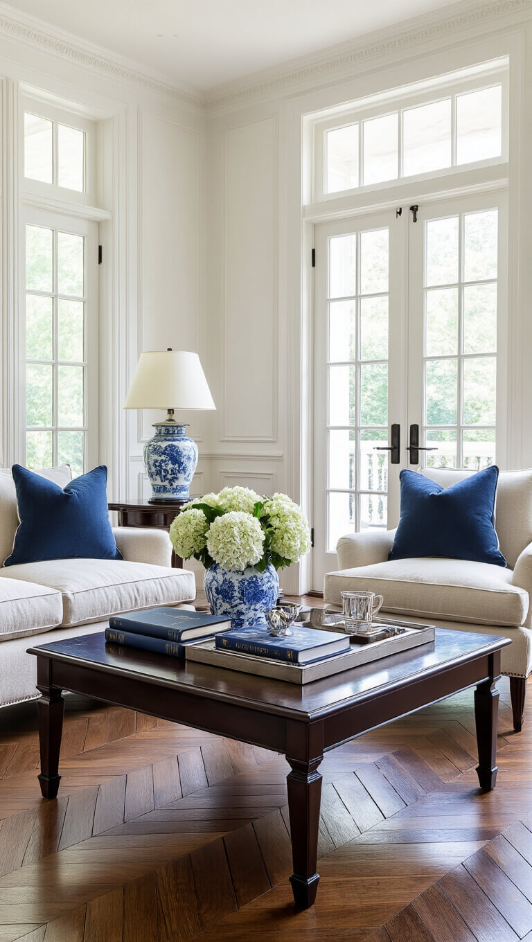 Elegant traditional formal living room with herringbone parquet floors, dark walnut coffee table styled with chinoiserie, leather books, and hydrangeas, bathed in afternoon light through French doors.