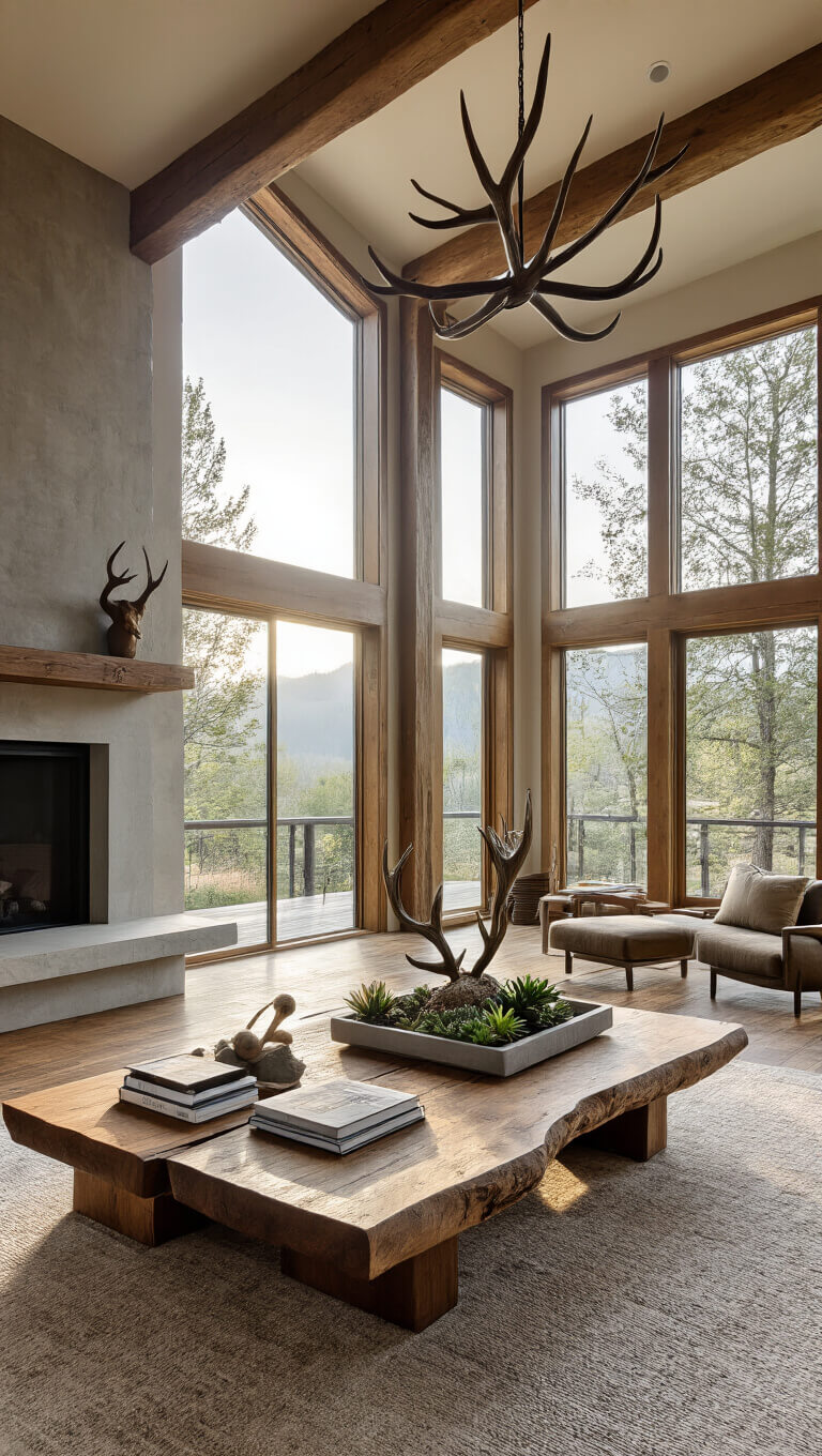 Overhead view of a mountain modern great room with early morning light streaming through clerestory windows, highlighting a large live-edge coffee table styled with decor atop rustic wide-plank floors.