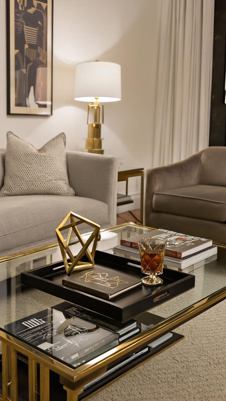 Art deco apartment with evening lighting, glass and brass coffee table styled with vintage books and gold accents, in a warm, moody 12x14ft space.