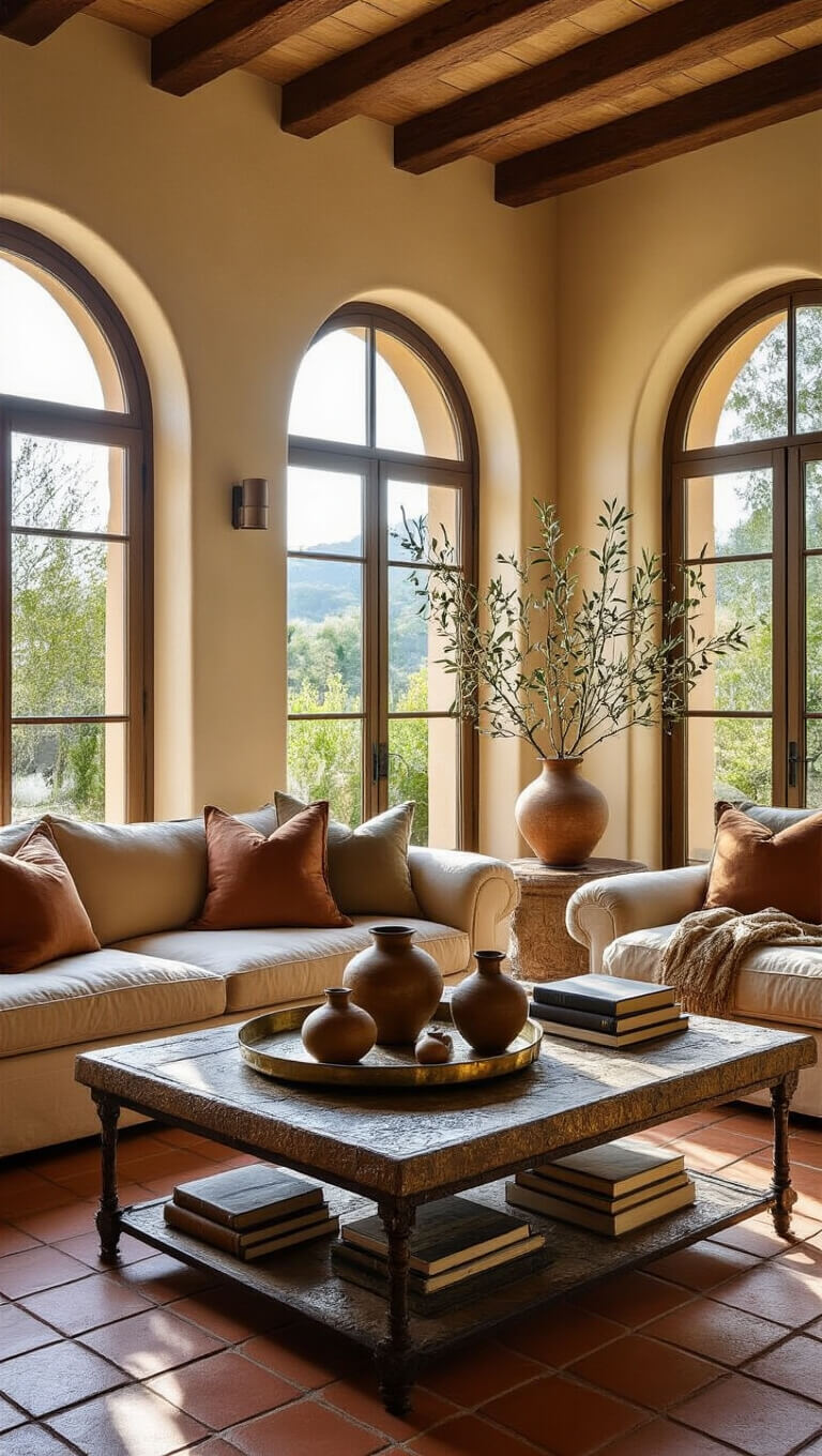 Mediterranean villa living room with terra cotta tiles, sunlit through arched windows, featuring an iron and stone coffee table adorned with a brass tray, pottery, olive branches, and leather-bound books.
