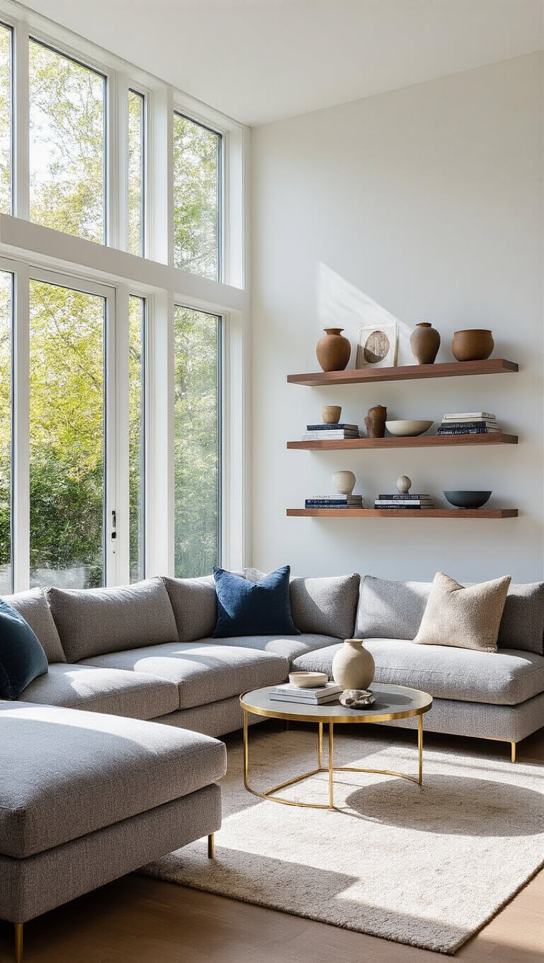 Contemporary 200 sq ft living room with gray bouclé L-shaped sofa, brass coffee table, walnut shelves, and morning light through floor-to-ceiling windows.